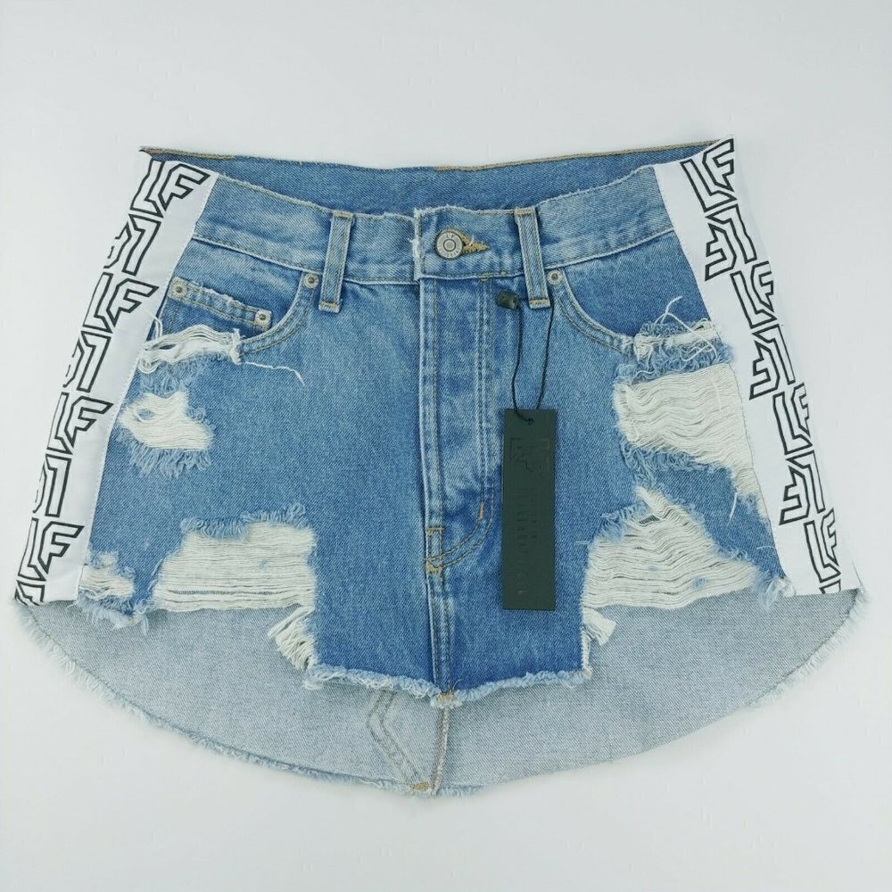 LF NWT Adriana Distressed Denim Mini Skirt Womens Size 27 Button Fly Logo Trim